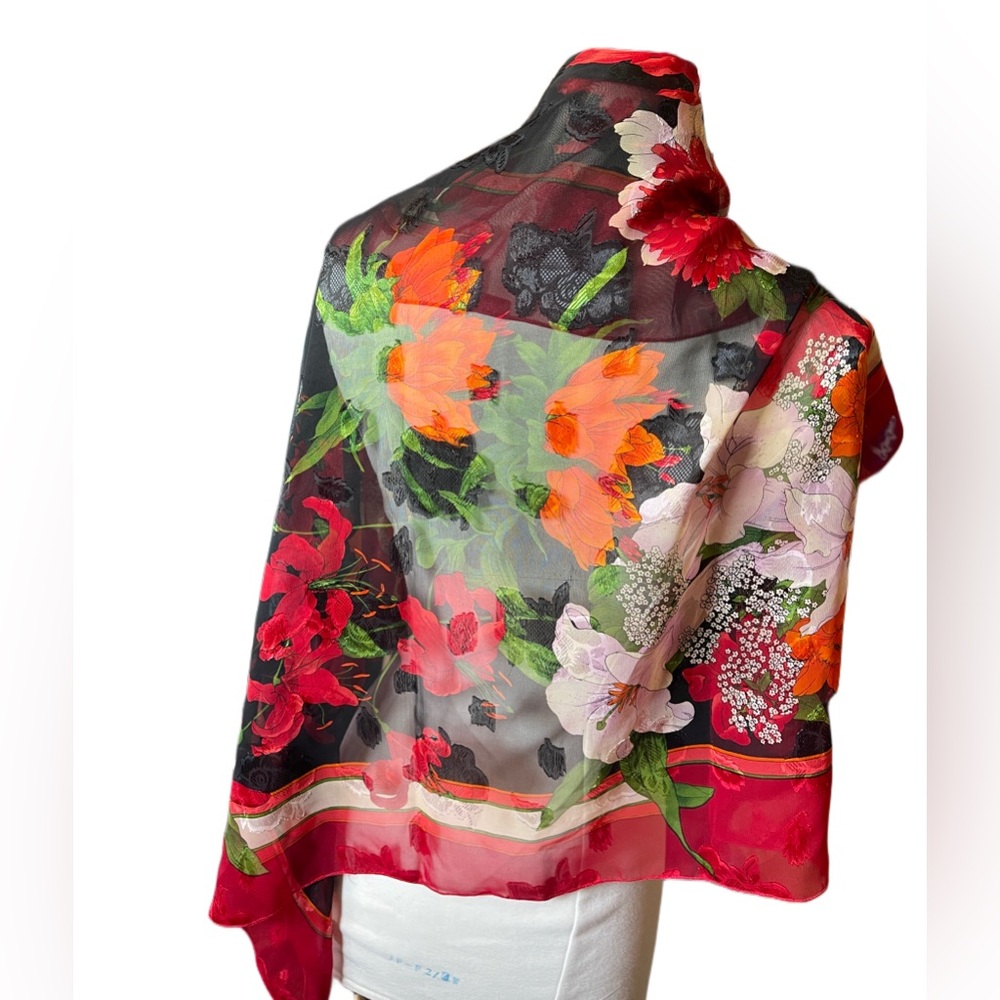 Vintage 1960s black red and orange silky scarf wrap floral print
